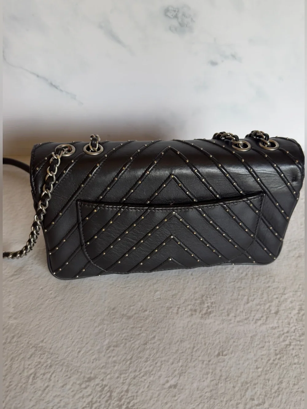 CHANEL Stud Wars Black Chevron Flap Bag Silver HW Rare